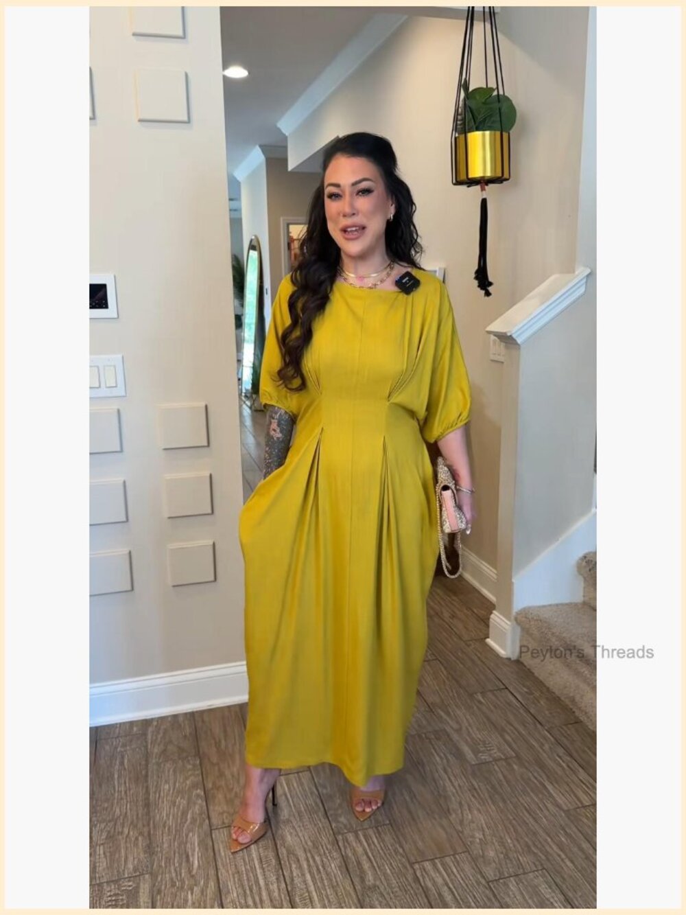 Vintage Linen Midi Dress Puff Sleeves Crew Neck Empire Waist with Pockets - Picture 5 of 7